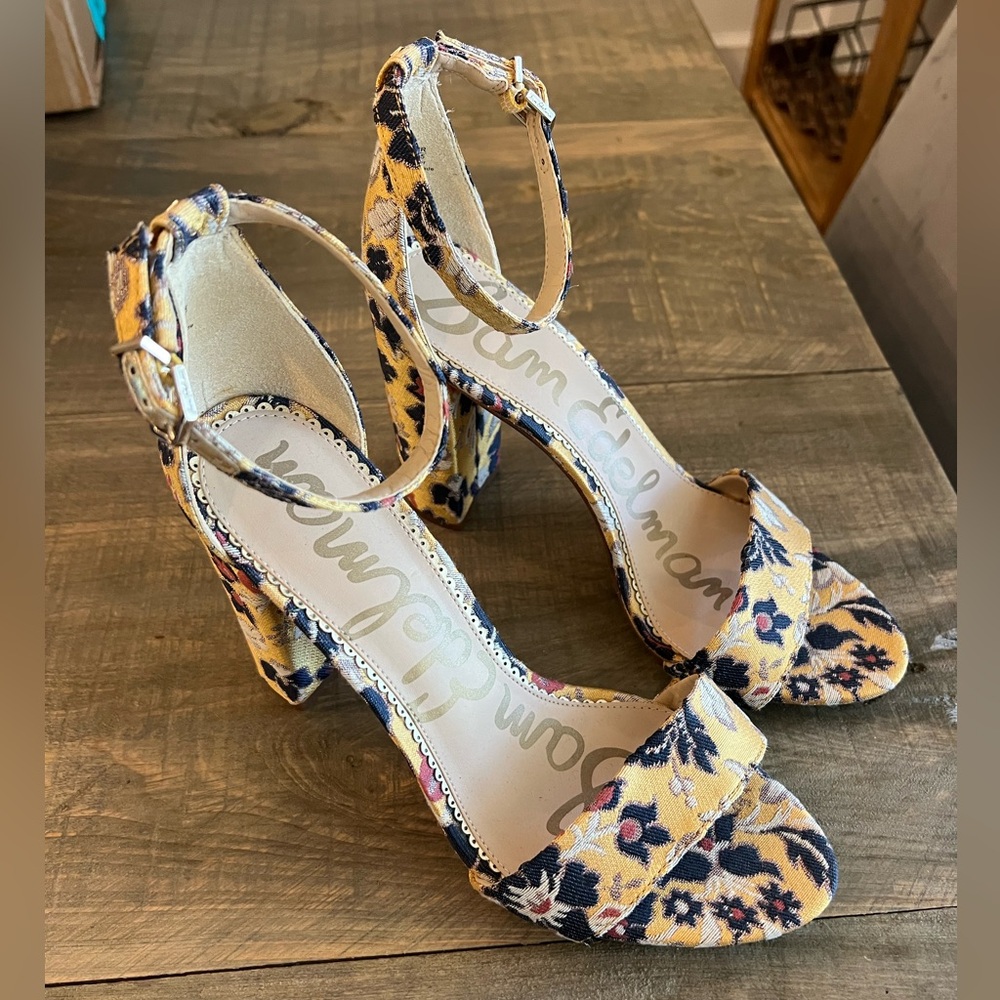 Sam Edelman Yellow Floral Block Heel Sandals - Picture 2 of 6